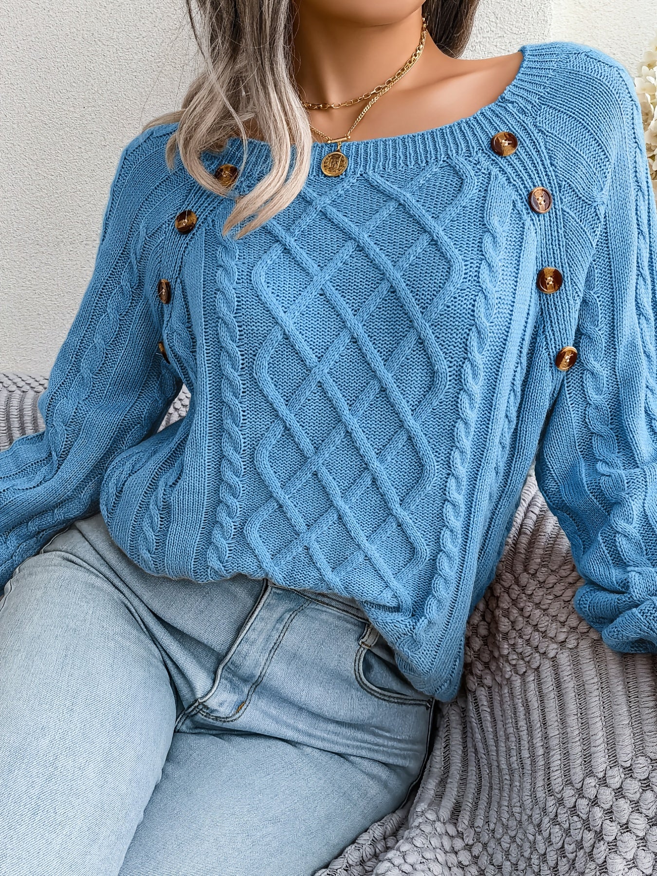 Women's Sweater Round Neck Texture Button Lantern Sleeve Sweater
