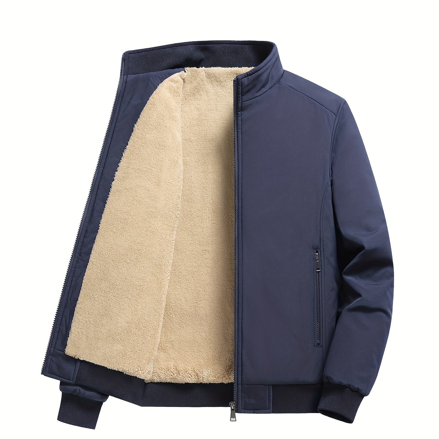 Warm Stand Collar Fleece Jacket, Men's Casual Comfortable Solid Color Zip Up Coat/ Outwear For Fall Winter
