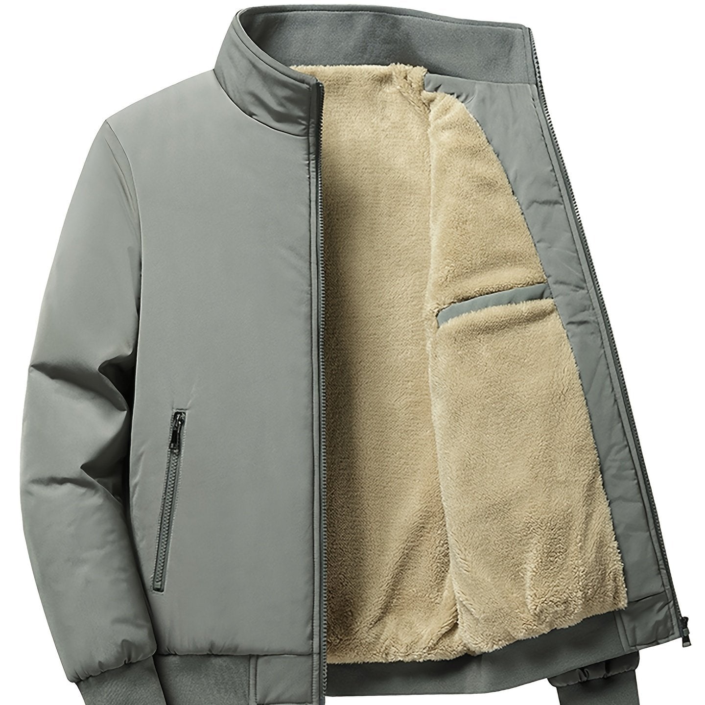 Warm Stand Collar Fleece Jacket, Men's Casual Comfortable Solid Color Zip Up Coat/ Outwear For Fall Winter