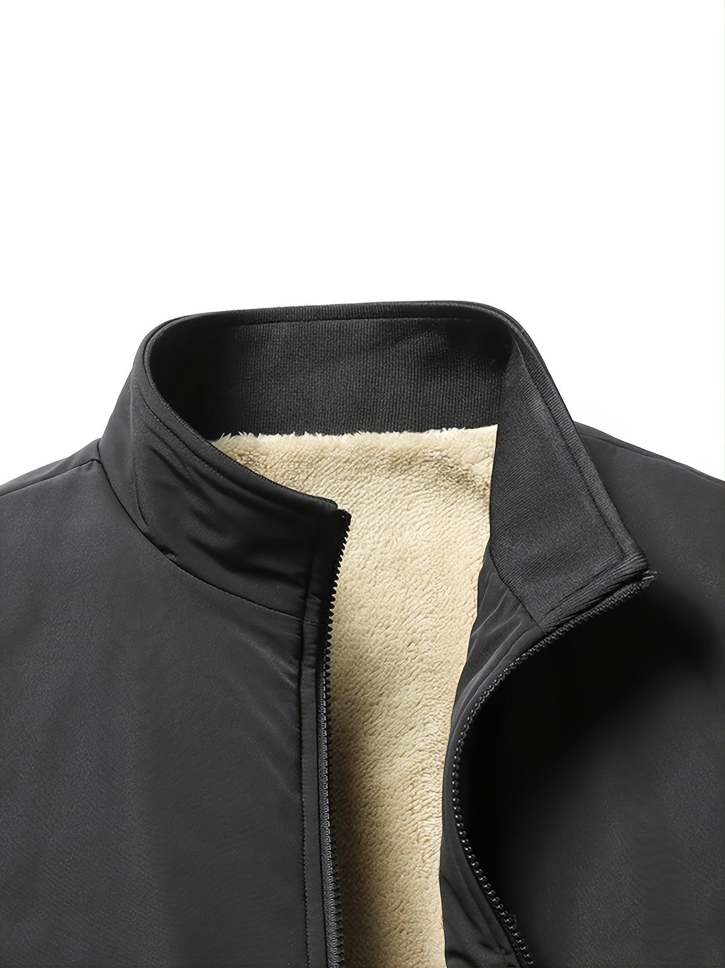 Warm Stand Collar Fleece Jacket, Men's Casual Comfortable Solid Color Zip Up Coat/ Outwear For Fall Winter