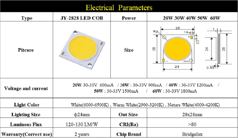 COB LED beads light-emitting Diode epistar chip 12v-36V LM-80 CE Rohs 18W 20W 30W 50W 100W high brightness cob smd DIY led Bulb