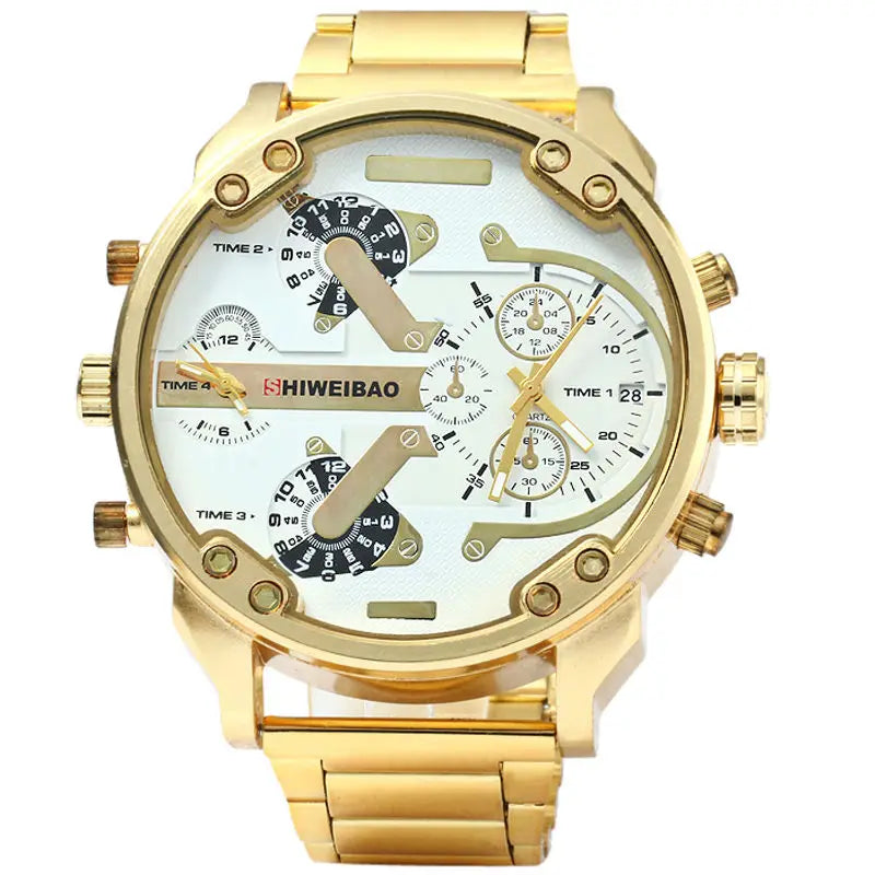Big Watch Men Luxury Golden Steel Watchband Men's Quartz Watches Dual Time Zone Military Relogio Masculino Casual Clock Man
