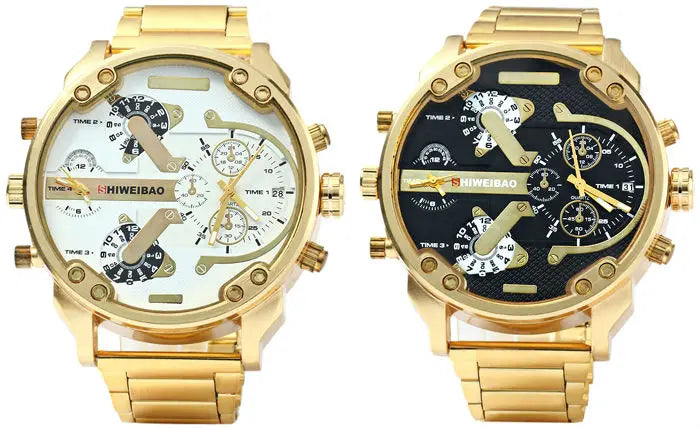 Big Watch Men Luxury Golden Steel Watchband Men's Quartz Watches Dual Time Zone Military Relogio Masculino Casual Clock Man