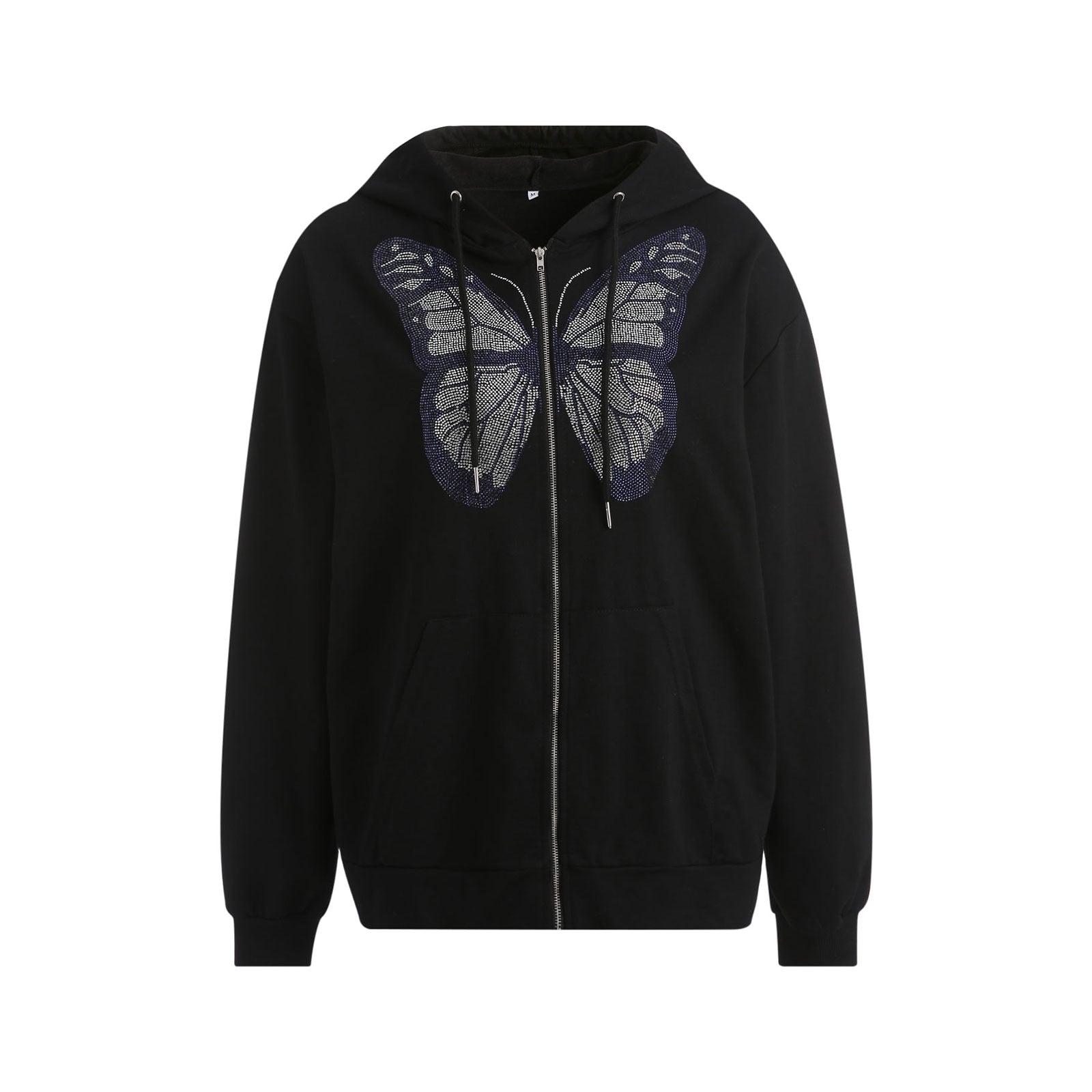 Women's Sweatshirt Loose Style Hooded Jacket,Letters Rhinestone Pattern Zipper Closure Autumn Casual Coat,Black/ Brown/ Purple
