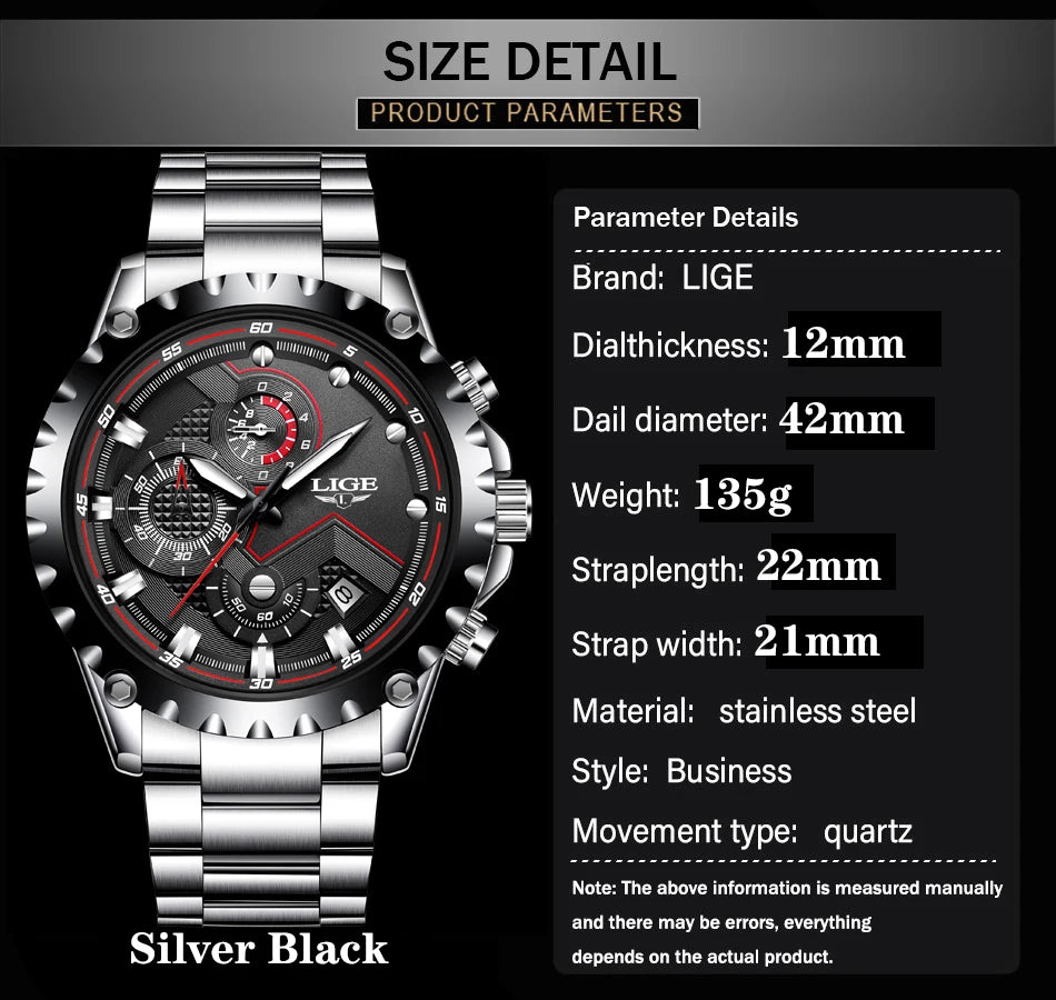 LIGE Fashion Mens Watches Top Luxury Brand Silver Stainless Steel 30m Waterproof Quartz Watch for Men Army Military Chronograph