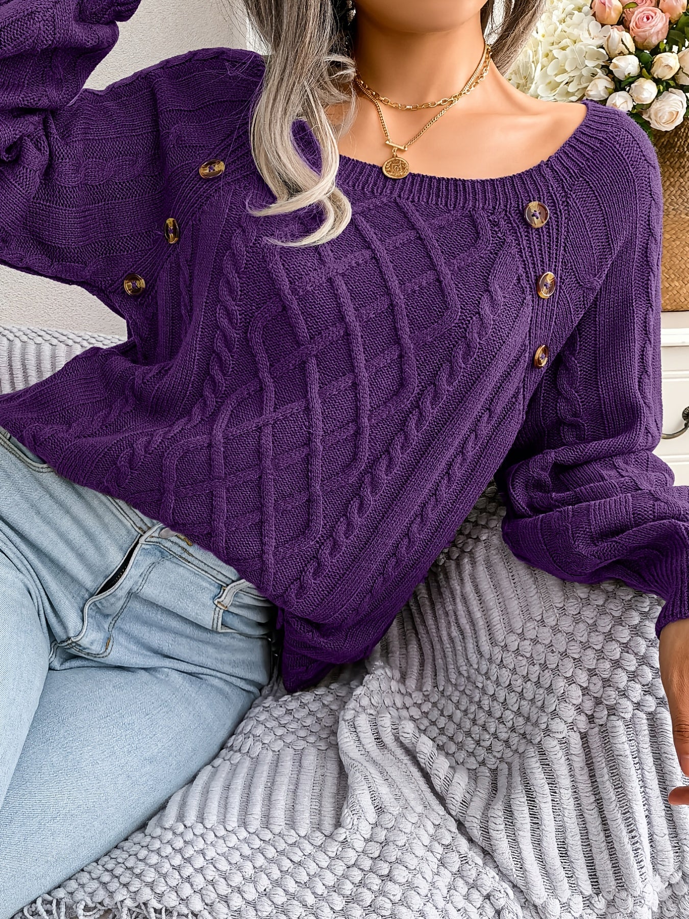 Women's Sweater Round Neck Texture Button Lantern Sleeve Sweater