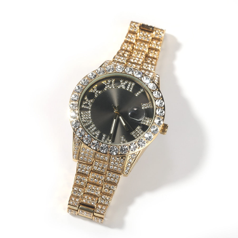 THE BLING KING Big Iced Out Watches For Women Men Purple Pink Dial Fashion Luxury Stainless Steel Quartz Business Wristwatches