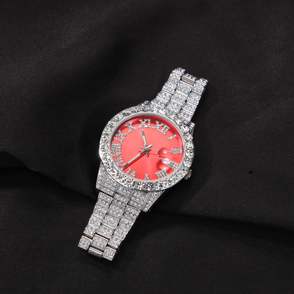 THE BLING KING Big Iced Out Watches For Women Men Purple Pink Dial Fashion Luxury Stainless Steel Quartz Business Wristwatches
