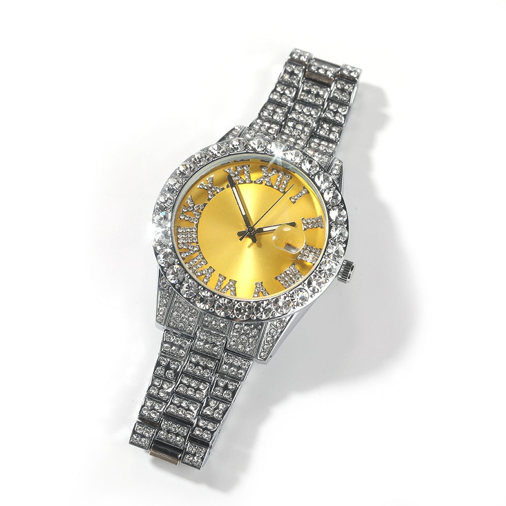 THE BLING KING Big Iced Out Watches For Women Men Purple Pink Dial Fashion Luxury Stainless Steel Quartz Business Wristwatches