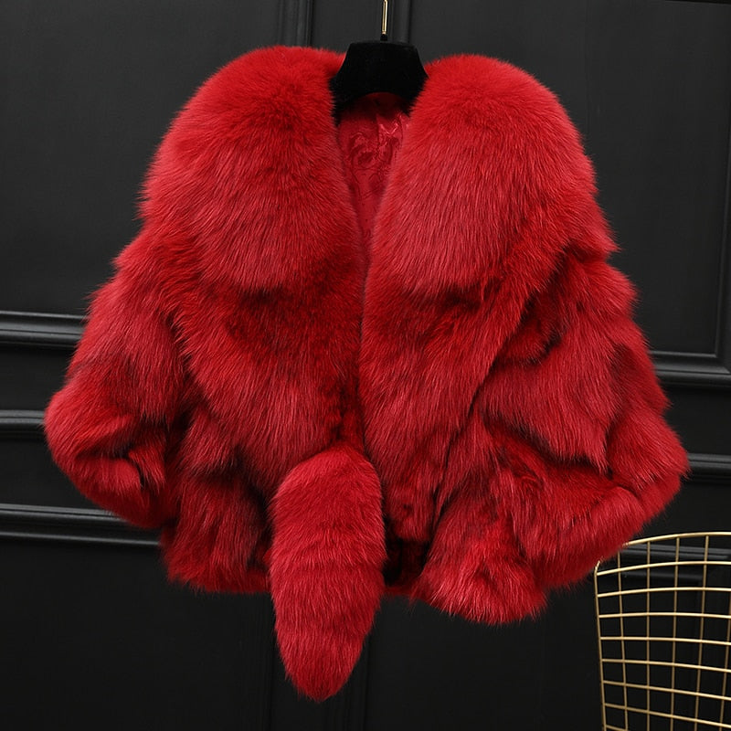 Winter Cloak Warm Women Cardigan big real Fox Fur Collar Cape Fashion Solid Poncho With medium Fur Sleeves Evening dress shaw