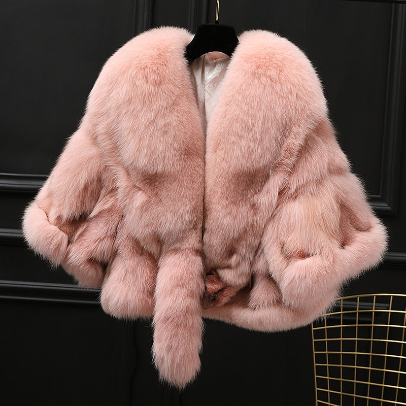 Winter Cloak Warm Women Cardigan big real Fox Fur Collar Cape Fashion Solid Poncho With medium Fur Sleeves Evening dress shaw