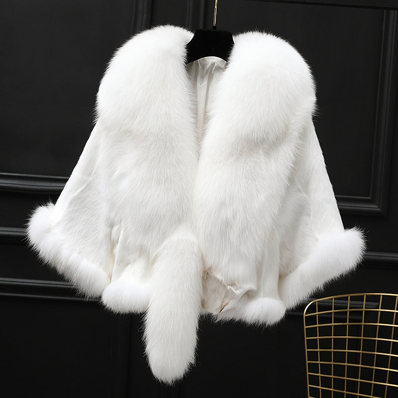 Winter Cloak Warm Women Cardigan big real Fox Fur Collar Cape Fashion Solid Poncho With medium Fur Sleeves Evening dress shaw