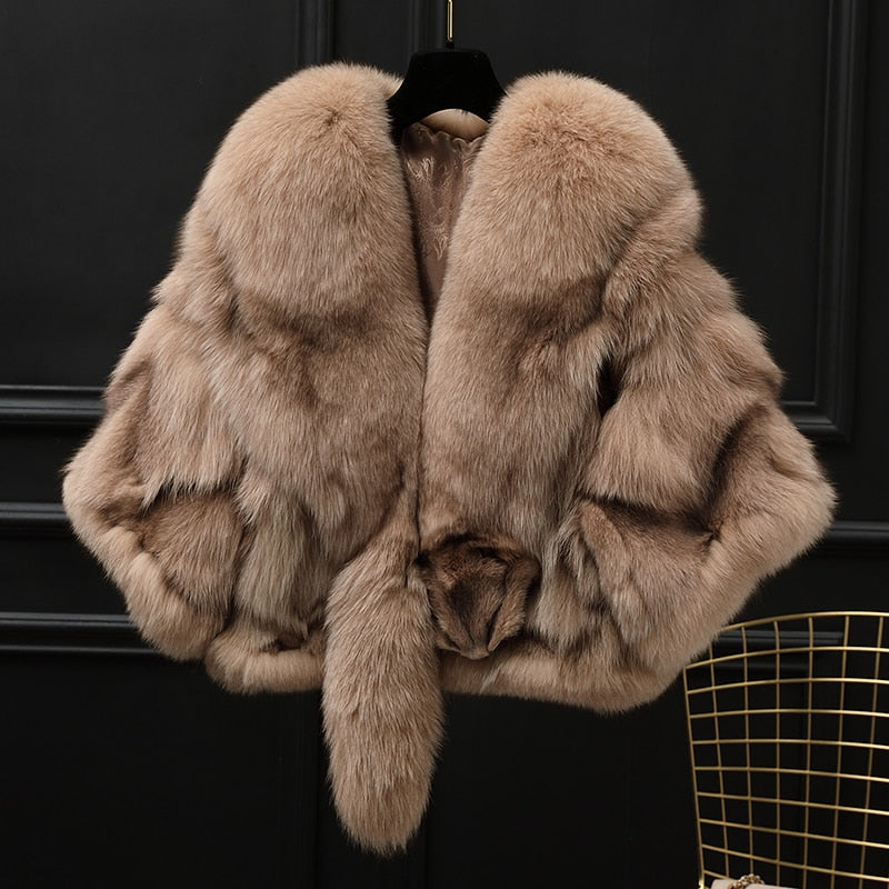 Winter Cloak Warm Women Cardigan big real Fox Fur Collar Cape Fashion Solid Poncho With medium Fur Sleeves Evening dress shaw