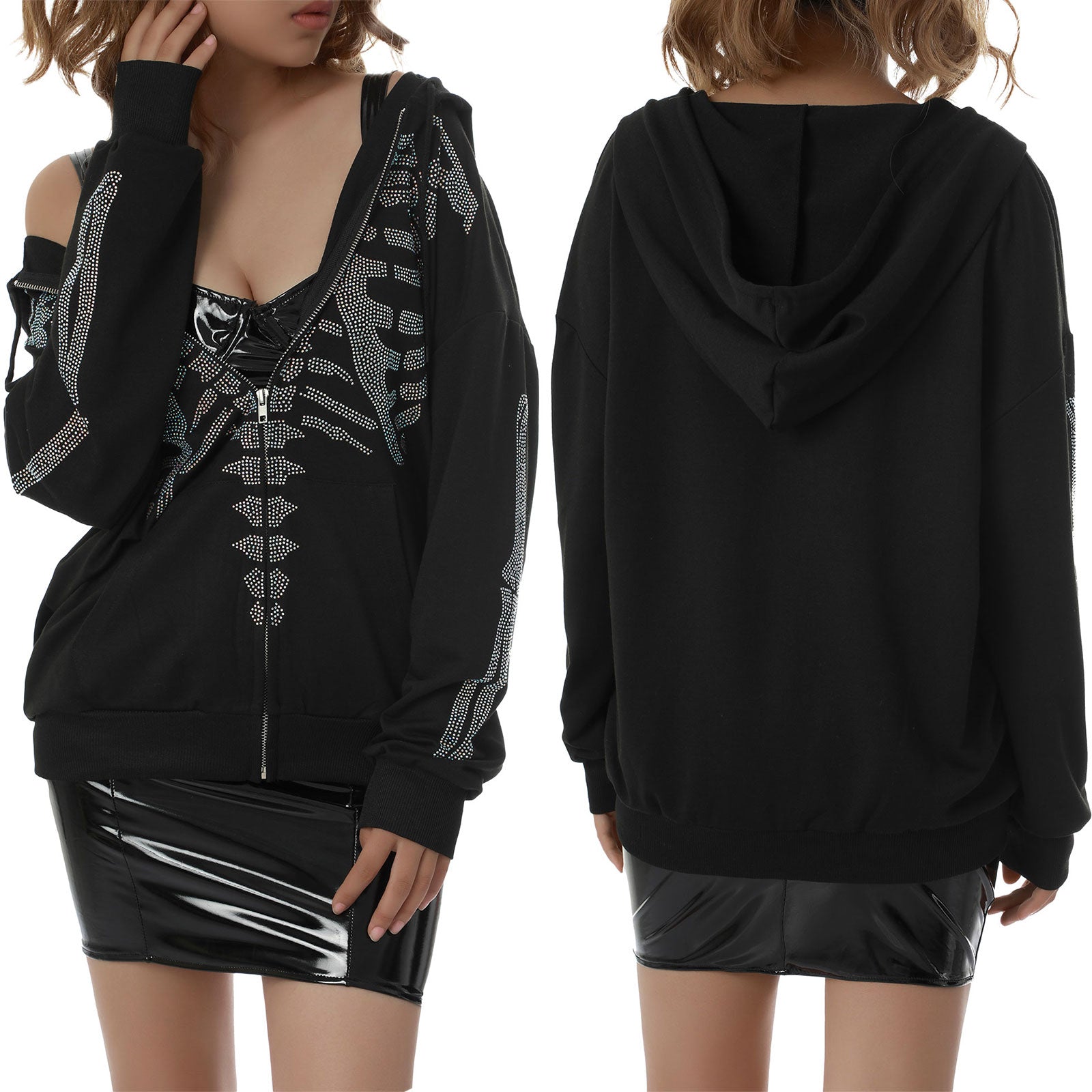 Women's Sweatshirt Loose Style Hooded Jacket,Letters Rhinestone Pattern Zipper Closure Autumn Casual Coat,Black/ Brown/ Purple
