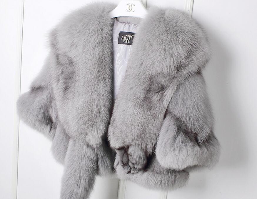 Winter Cloak Warm Women Cardigan big real Fox Fur Collar Cape Fashion Solid Poncho With medium Fur Sleeves Evening dress shaw