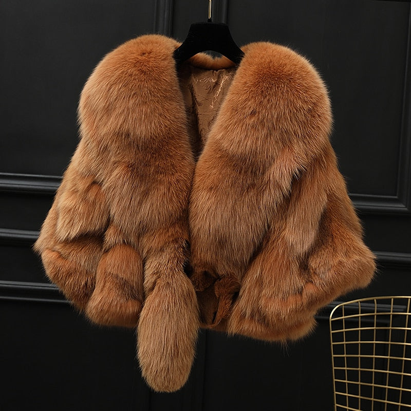 Winter Cloak Warm Women Cardigan big real Fox Fur Collar Cape Fashion Solid Poncho With medium Fur Sleeves Evening dress shaw