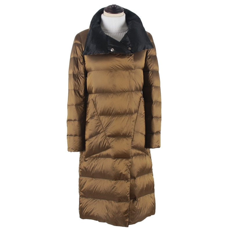 FTLZZ Duck Down Jacket Women Winter Long Double Sided Plaid Coat Female Warm Down Parka Slim Outwear