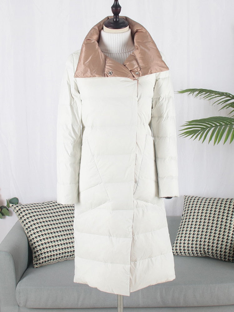 FTLZZ Duck Down Jacket Women Winter Long Double Sided Plaid Coat Female Warm Down Parka Slim Outwear