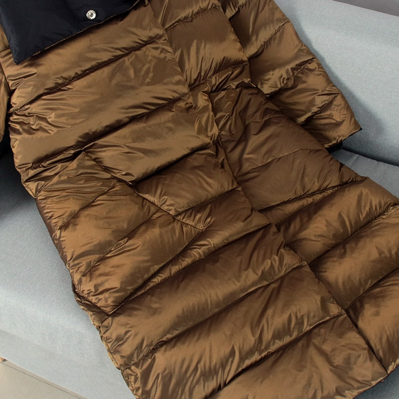 FTLZZ Duck Down Jacket Women Winter Long Double Sided Plaid Coat Female Warm Down Parka Slim Outwear