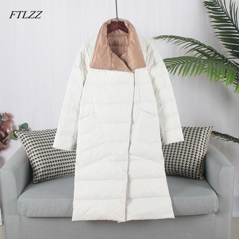 FTLZZ Duck Down Jacket Women Winter Long Double Sided Plaid Coat Female Warm Down Parka Slim Outwear