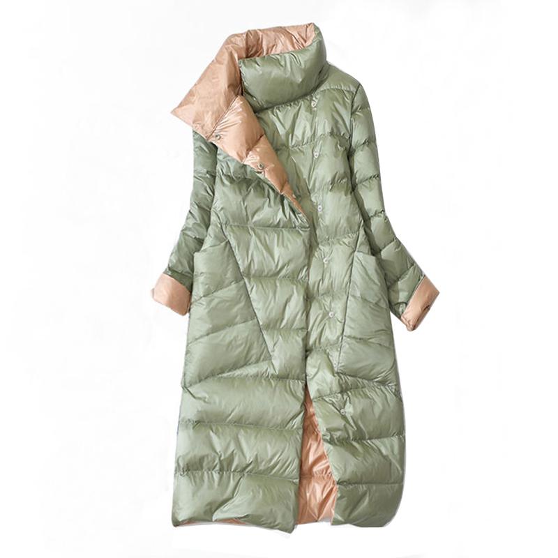 FTLZZ Duck Down Jacket Women Winter Long Double Sided Plaid Coat Female Warm Down Parka Slim Outwear