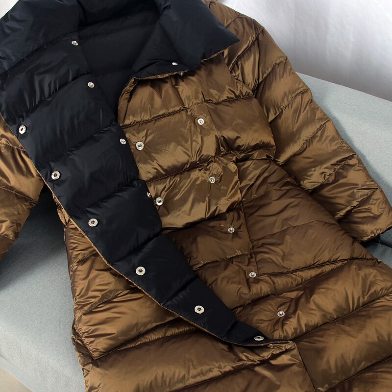 FTLZZ Duck Down Jacket Women Winter Long Double Sided Plaid Coat Female Warm Down Parka Slim Outwear
