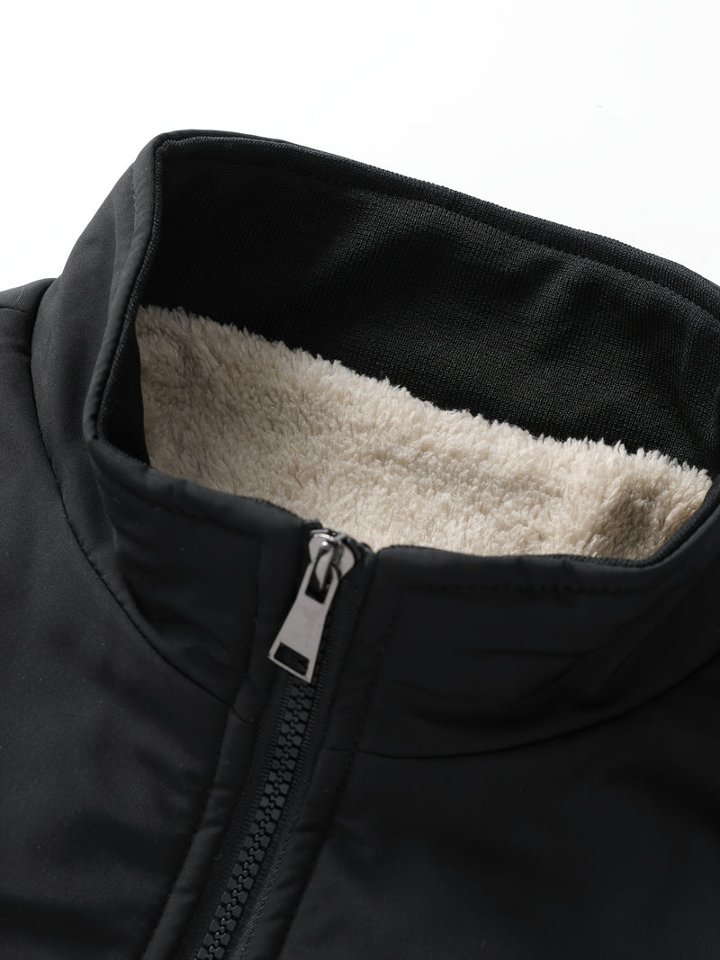 Warm Stand Collar Fleece Jacket, Men's Casual Comfortable Solid Color Zip Up Coat/ Outwear For Fall Winter