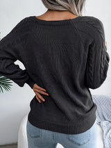 Women's Sweater Round Neck Texture Button Lantern Sleeve Sweater