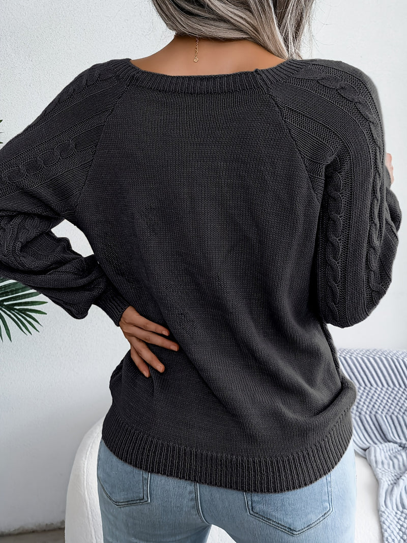Women's Sweater Round Neck Texture Button Lantern Sleeve Sweater