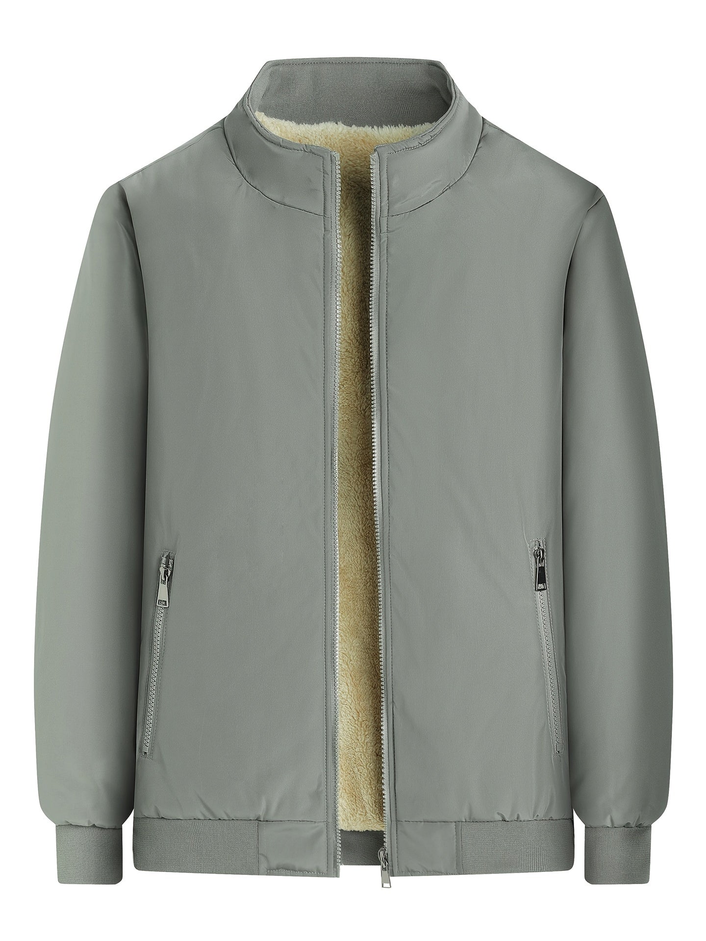 Warm Stand Collar Fleece Jacket, Men's Casual Comfortable Solid Color Zip Up Coat/ Outwear For Fall Winter