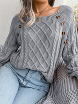 Women's Sweater Round Neck Texture Button Lantern Sleeve Sweater