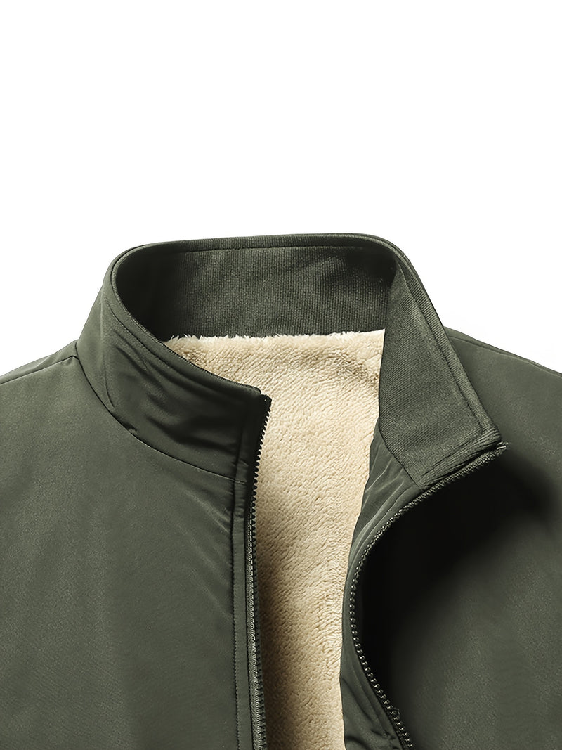 Warm Stand Collar Fleece Jacket, Men's Casual Comfortable Solid Color Zip Up Coat/ Outwear For Fall Winter