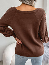 Women's Sweater Round Neck Texture Button Lantern Sleeve Sweater