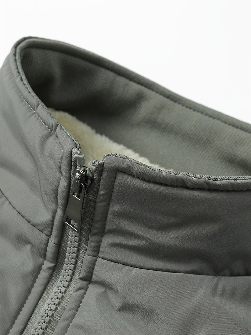 Warm Stand Collar Fleece Jacket, Men's Casual Comfortable Solid Color Zip Up Coat/ Outwear For Fall Winter