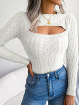 Women'S Sexy Hollow-Out Knit Pullover Sweater, Long Sleeve Crew Neck, Skinny Fit, Acrylic Blend (Polyester 28%, Polyamide 22%, Viscose 28%), High Stretch Fabric, Solid Color, Spring/Fall Fashion Top