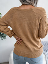 Women's Sweater Round Neck Texture Button Lantern Sleeve Sweater