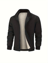 Warm Stand Collar Fleece Jacket, Men's Casual Comfortable Solid Color Zip Up Coat/ Outwear For Fall Winter