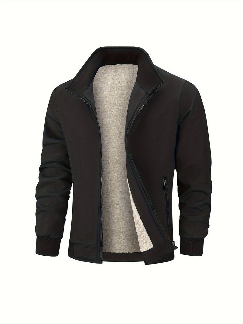 Warm Stand Collar Fleece Jacket, Men's Casual Comfortable Solid Color Zip Up Coat/ Outwear For Fall Winter