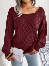 Women's Sweater Round Neck Texture Button Lantern Sleeve Sweater