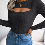 Women'S Sexy Hollow-Out Knit Pullover Sweater, Long Sleeve Crew Neck, Skinny Fit, Acrylic Blend (Polyester 28%, Polyamide 22%, Viscose 28%), High Stretch Fabric, Solid Color, Spring/Fall Fashion Top