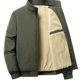 Warm Stand Collar Fleece Jacket, Men's Casual Comfortable Solid Color Zip Up Coat/ Outwear For Fall Winter