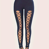 Sexy Cross-Strap High-Waist Leggings with Eyelet Detail, Stretch Polyester Blend, Solid Color Cropped Pants for Women - Perfect for Fall/Spring