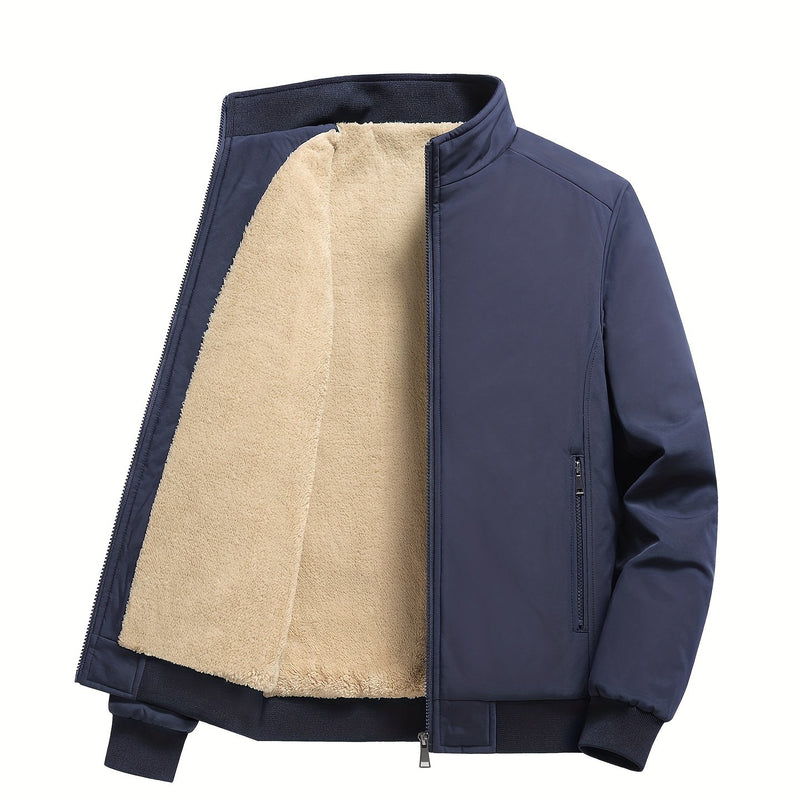 Warm Stand Collar Fleece Jacket, Men's Casual Comfortable Solid Color Zip Up Coat/ Outwear For Fall Winter