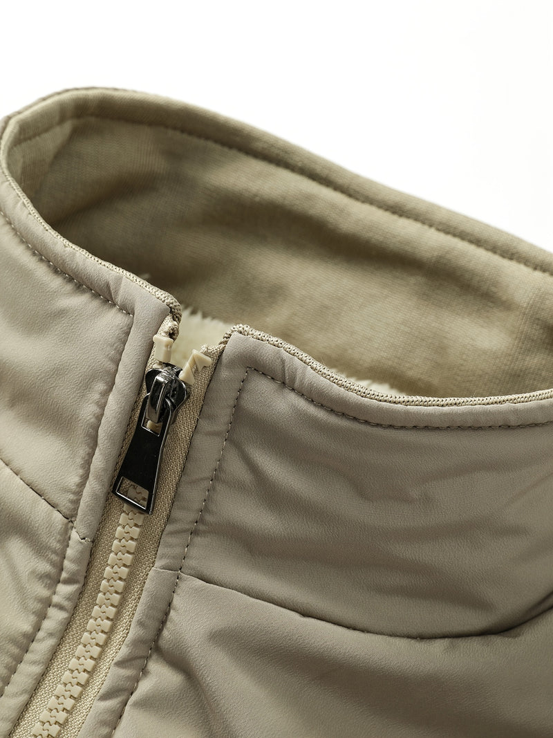 Warm Stand Collar Fleece Jacket, Men's Casual Comfortable Solid Color Zip Up Coat/ Outwear For Fall Winter