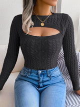 Women'S Sexy Hollow-Out Knit Pullover Sweater, Long Sleeve Crew Neck, Skinny Fit, Acrylic Blend (Polyester 28%, Polyamide 22%, Viscose 28%), High Stretch Fabric, Solid Color, Spring/Fall Fashion Top