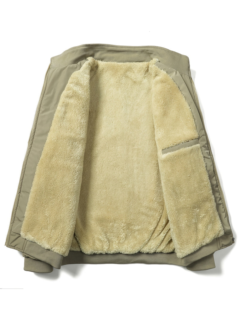 Warm Stand Collar Fleece Jacket, Men's Casual Comfortable Solid Color Zip Up Coat/ Outwear For Fall Winter