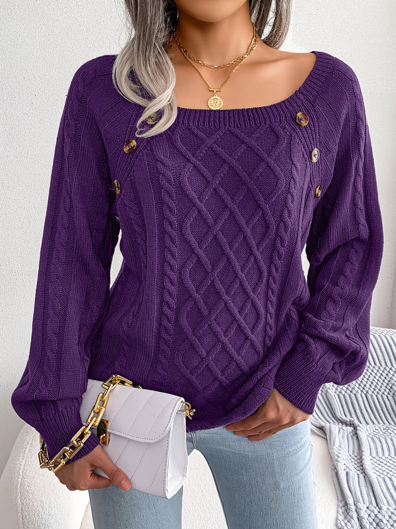 Women's Sweater Round Neck Texture Button Lantern Sleeve Sweater