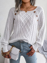 Women's Sweater Round Neck Texture Button Lantern Sleeve Sweater