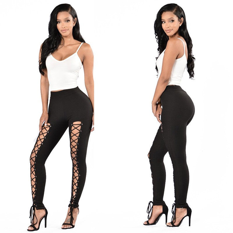 Sexy Cross-Strap High-Waist Leggings with Eyelet Detail, Stretch Polyester Blend, Solid Color Cropped Pants for Women - Perfect for Fall/Spring
