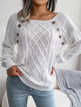 Women's Sweater Round Neck Texture Button Lantern Sleeve Sweater